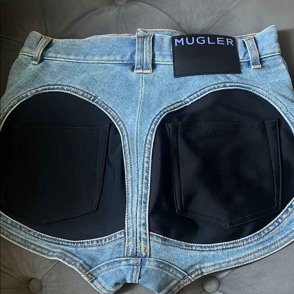 Mugler Blue Denim Cutout Jean Shorts with Black Inset Pockets